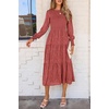 image:imagePRETTYGARDEN Womens Fall Midi Wedding Guest Dresses  Floral Boho Puff Long Sleeve Flowy Long Smocked Tiered Pockets Fit and Flare Holiday Party Elegant Spring OutfitsBean Paste Red