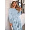image:imagePRETTYGARDEN Womens Fall Midi Wedding Guest Dresses  Floral Boho Puff Long Sleeve Flowy Long Smocked Tiered Pockets Fit and Flare Holiday Party Elegant Spring OutfitsLight Blue