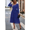 image:imagePRETTYGARDEN Womens Floral Boho Long Sleeve Maxi Dress  Wrap V Neck Flowy A Line Swing Dresses Belted Elegant Spring Fall Outfit for Wedding Guest Vacation Date Night PartySolid Blue