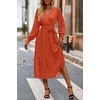 image:imagePRETTYGARDEN Womens Floral Boho Long Sleeve Maxi Dress  Wrap V Neck Flowy A Line Swing Dresses Belted Elegant Spring Fall Outfit for Wedding Guest Vacation Date Night PartySolid Brick Red