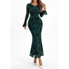 image:imagePRETTYGARDEN Womens Floral Maxi Fall Wedding Guest Dress  Lightweight Stretchy Mesh Long Bell Sleeves Bodycon Mermaid Fit Elegant Dresses for Cocktail Holiday Party Formal EventsBlue Green
