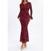 image:imagePRETTYGARDEN Womens Floral Maxi Fall Wedding Guest Dress  Lightweight Stretchy Mesh Long Bell Sleeves Bodycon Mermaid Fit Elegant Dresses for Cocktail Holiday Party Formal EventsBurgundy
