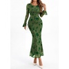 image:imagePRETTYGARDEN Womens Floral Maxi Fall Wedding Guest Dress  Lightweight Stretchy Mesh Long Bell Sleeves Bodycon Mermaid Fit Elegant Dresses for Cocktail Holiday Party Formal EventsGreen