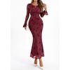 image:imagePRETTYGARDEN Womens Floral Maxi Fall Wedding Guest Dress  Lightweight Stretchy Mesh Long Bell Sleeves Bodycon Mermaid Fit Elegant Dresses for Cocktail Holiday Party Formal EventsBurgundy