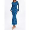 image:imagePRETTYGARDEN Womens Floral Maxi Fall Wedding Guest Dress  Lightweight Stretchy Mesh Long Bell Sleeves Bodycon Mermaid Fit Elegant Dresses for Cocktail Holiday Party Formal EventsBlue