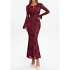 image:imagePRETTYGARDEN Womens Floral Maxi Fall Wedding Guest Dress  Lightweight Stretchy Mesh Long Bell Sleeves Bodycon Mermaid Fit Elegant Dresses for Cocktail Holiday Party Formal EventsBurgundy