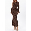 image:imagePRETTYGARDEN Womens Floral Maxi Fall Wedding Guest Dress  Lightweight Stretchy Mesh Long Bell Sleeves Bodycon Mermaid Fit Elegant Dresses for Cocktail Holiday Party Formal EventsBrown