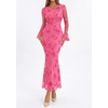 image:imagePRETTYGARDEN Womens Floral Maxi Fall Wedding Guest Dress  Lightweight Stretchy Mesh Long Bell Sleeves Bodycon Mermaid Fit Elegant Dresses for Cocktail Holiday Party Formal EventsPink
