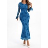 image:imagePRETTYGARDEN Womens Floral Maxi Fall Wedding Guest Dress  Lightweight Stretchy Mesh Long Bell Sleeves Bodycon Mermaid Fit Elegant Dresses for Cocktail Holiday Party Formal EventsBlue