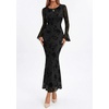 image:imagePRETTYGARDEN Womens Floral Maxi Fall Wedding Guest Dress  Lightweight Stretchy Mesh Long Bell Sleeves Bodycon Mermaid Fit Elegant Dresses for Cocktail Holiday Party Formal EventsBlack