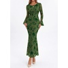 image:imagePRETTYGARDEN Womens Floral Maxi Fall Wedding Guest Dress  Lightweight Stretchy Mesh Long Bell Sleeves Bodycon Mermaid Fit Elegant Dresses for Cocktail Holiday Party Formal EventsGreen