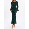 image:imagePRETTYGARDEN Womens Floral Maxi Fall Wedding Guest Dress  Lightweight Stretchy Mesh Long Bell Sleeves Bodycon Mermaid Fit Elegant Dresses for Cocktail Holiday Party Formal EventsBlue Green