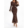 image:imagePRETTYGARDEN Womens Floral Maxi Fall Wedding Guest Dress  Lightweight Stretchy Mesh Long Bell Sleeves Bodycon Mermaid Fit Elegant Dresses for Cocktail Holiday Party Formal EventsBrown
