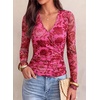 image:imagePRETTYGARDEN Womens Floral Mesh Wrap Top V Neck Long Sleeve Shirts  Soft Stretchy Lightweight Lined Slim Fit Ruched Waist Dressy Casual Blouses for Work Daily Going Out Fall ClothesPink Red Flower