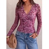 image:imagePRETTYGARDEN Womens Floral Mesh Wrap Top V Neck Long Sleeve Shirts  Soft Stretchy Lightweight Lined Slim Fit Ruched Waist Dressy Casual Blouses for Work Daily Going Out Fall ClothesPurple Leopard
