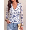 image:imagePRETTYGARDEN Womens Floral Mesh Wrap Top V Neck Long Sleeve Shirts  Soft Stretchy Lightweight Lined Slim Fit Ruched Waist Dressy Casual Blouses for Work Daily Going Out Fall ClothesWhite Blue Flower
