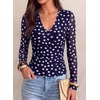 image:imagePRETTYGARDEN Womens Floral Mesh Wrap Top V Neck Long Sleeve Shirts  Soft Stretchy Lightweight Lined Slim Fit Ruched Waist Dressy Casual Blouses for Work Daily Going Out Fall ClothesDot Navy White