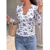 image:imagePRETTYGARDEN Womens Floral Mesh Wrap Top V Neck Long Sleeve Shirts  Soft Stretchy Lightweight Lined Slim Fit Ruched Waist Dressy Casual Blouses for Work Daily Going Out Fall ClothesWhite Blue Flower
