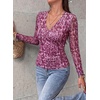 image:imagePRETTYGARDEN Womens Floral Mesh Wrap Top V Neck Long Sleeve Shirts  Soft Stretchy Lightweight Lined Slim Fit Ruched Waist Dressy Casual Blouses for Work Daily Going Out Fall ClothesPurple Leopard