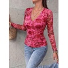 image:imagePRETTYGARDEN Womens Floral Mesh Wrap Top V Neck Long Sleeve Shirts  Soft Stretchy Lightweight Lined Slim Fit Ruched Waist Dressy Casual Blouses for Work Daily Going Out Fall ClothesPink Red Flower