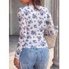 image:imagePRETTYGARDEN Womens Floral Mesh Wrap Top V Neck Long Sleeve Shirts  Soft Stretchy Lightweight Lined Slim Fit Ruched Waist Dressy Casual Blouses for Work Daily Going Out Fall ClothesWhite Blue Flower