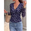 image:imagePRETTYGARDEN Womens Floral Mesh Wrap Top V Neck Long Sleeve Shirts  Soft Stretchy Lightweight Lined Slim Fit Ruched Waist Dressy Casual Blouses for Work Daily Going Out Fall ClothesDot Navy White