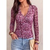 image:imagePRETTYGARDEN Womens Floral Mesh Wrap Top V Neck Long Sleeve Shirts  Soft Stretchy Lightweight Lined Slim Fit Ruched Waist Dressy Casual Blouses for Work Daily Going Out Fall ClothesPurple Leopard