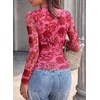 image:imagePRETTYGARDEN Womens Floral Mesh Wrap Top V Neck Long Sleeve Shirts  Soft Stretchy Lightweight Lined Slim Fit Ruched Waist Dressy Casual Blouses for Work Daily Going Out Fall ClothesPink Red Flower
