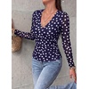 image:imagePRETTYGARDEN Womens Floral Mesh Wrap Top V Neck Long Sleeve Shirts  Soft Stretchy Lightweight Lined Slim Fit Ruched Waist Dressy Casual Blouses for Work Daily Going Out Fall ClothesDot Navy White