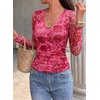 image:imagePRETTYGARDEN Womens Floral Mesh Wrap Top V Neck Long Sleeve Shirts  Soft Stretchy Lightweight Lined Slim Fit Ruched Waist Dressy Casual Blouses for Work Daily Going Out Fall ClothesPink Red Flower