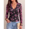 image:imagePRETTYGARDEN Womens Floral Mesh Wrap Top V Neck Long Sleeve Shirts  Soft Stretchy Lightweight Lined Slim Fit Ruched Waist Dressy Casual Blouses for Work Daily Going Out Fall ClothesBlack Pink Flower