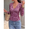 image:imagePRETTYGARDEN Womens Floral Mesh Wrap Top V Neck Long Sleeve Shirts  Soft Stretchy Lightweight Lined Slim Fit Ruched Waist Dressy Casual Blouses for Work Daily Going Out Fall ClothesPurple Leopard