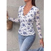 image:imagePRETTYGARDEN Womens Floral Mesh Wrap Top V Neck Long Sleeve Shirts  Soft Stretchy Lightweight Lined Slim Fit Ruched Waist Dressy Casual Blouses for Work Daily Going Out Fall ClothesWhite Blue Flower