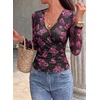 image:imagePRETTYGARDEN Womens Floral Mesh Wrap Top V Neck Long Sleeve Shirts  Soft Stretchy Lightweight Lined Slim Fit Ruched Waist Dressy Casual Blouses for Work Daily Going Out Fall ClothesBlack Pink Flower