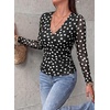 image:imagePRETTYGARDEN Womens Floral Mesh Wrap Top V Neck Long Sleeve Shirts  Soft Stretchy Lightweight Lined Slim Fit Ruched Waist Dressy Casual Blouses for Work Daily Going Out Fall ClothesPolka Dot Black White