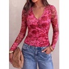 image:imagePRETTYGARDEN Womens Floral Mesh Wrap Top V Neck Long Sleeve Shirts  Soft Stretchy Lightweight Lined Slim Fit Ruched Waist Dressy Casual Blouses for Work Daily Going Out Fall ClothesPink Red Flower