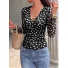 image:imagePRETTYGARDEN Womens Floral Mesh Wrap Top V Neck Long Sleeve Shirts  Soft Stretchy Lightweight Lined Slim Fit Ruched Waist Dressy Casual Blouses for Work Daily Going Out Fall ClothesPolka Dot Black White