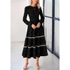 image:imagePRETTYGARDEN Womens Long Sleeve Boho Floral Midi Dress  Flowy Smocked A Line Tiered Lace Trim Pockets Elegant Fall Wedding Guest Dresses Spring Vacation Cruise Resort OutfitsBlack