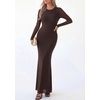 image:imagePRETTYGARDEN Womens Mesh Long Sleeve Bodycon Maxi Dress  Fall Wedding Guest Dresses Boat Neck Slim Fitted Elegant Evening Wear Formal Cocktail Holiday Party Date Night OutfitsBrown