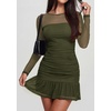 image:imagePRETTYGARDEN Womens Mesh Long Sleeve Bodycon Mini Dress  Sexy Sheer Mesh Neck amp Long Sleeve Ruched Ruffle Hem Semi Formal Cocktail Party Date Night Hoco Short DressesArmy Green