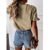 image:imagePRETTYGARDEN Womens Short Sleeve Casual T Shirts Cute Ruffle Summer Tops  Round Neck Loose Fit Basic Tee Shirt Business Casual Dressy Blouses Plain Work Tops 2026 Trendy ClothesKhaki
