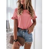 image:imagePRETTYGARDEN Womens Short Sleeve Casual T Shirts Cute Ruffle Summer Tops  Round Neck Loose Fit Basic Tee Shirt Business Casual Dressy Blouses Plain Work Tops 2026 Trendy ClothesCoral Pink