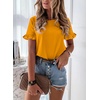 image:imagePRETTYGARDEN Womens Short Sleeve Casual T Shirts Cute Ruffle Summer Tops  Round Neck Loose Fit Basic Tee Shirt Business Casual Dressy Blouses Plain Work Tops 2026 Trendy ClothesTurmeric