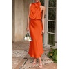 image:imagePRETTYGARDEN Womens Summer Satin Maxi Cocktail Dress  Silk FabricSleeveless Mock NeckFit and FlareAsymmetrical Long DressesElegant FormalWedding Guest PartyCruise OutfitsOrange