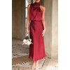 image:imagePRETTYGARDEN Womens Summer Satin Maxi Cocktail Dress  Silk FabricSleeveless Mock NeckFit and FlareAsymmetrical Long DressesElegant FormalWedding Guest PartyCruise OutfitsDark Wine Red