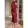 image:imagePRETTYGARDEN Womens Summer Satin Maxi Cocktail Dress  Silk FabricSleeveless Mock NeckFit and FlareAsymmetrical Long DressesElegant FormalWedding Guest PartyCruise OutfitsDark Wine Red