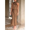 image:imagePRETTYGARDEN Womens Summer Satin Maxi Cocktail Dress  Silk FabricSleeveless Mock NeckFit and FlareAsymmetrical Long DressesElegant FormalWedding Guest PartyCruise OutfitsKhaki
