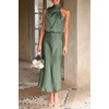 image:imagePRETTYGARDEN Womens Summer Satin Maxi Cocktail Dress  Silk FabricSleeveless Mock NeckFit and FlareAsymmetrical Long DressesElegant FormalWedding Guest PartyCruise OutfitsArmy Green