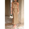 image:imagePRETTYGARDEN Womens Summer Satin Maxi Cocktail Dress  Silk FabricSleeveless Mock NeckFit and FlareAsymmetrical Long DressesElegant FormalWedding Guest PartyCruise OutfitsLight Khaki