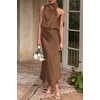 image:imagePRETTYGARDEN Womens Summer Satin Maxi Cocktail Dress  Silk FabricSleeveless Mock NeckFit and FlareAsymmetrical Long DressesElegant FormalWedding Guest PartyCruise OutfitsKhaki